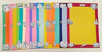 Handmade Designer Sheets (Finance Theme) | A4 Size Lined Paper for Projects, Notes & Scrapbooks | Colorful Stationery for Students, Teachers & Office Use | Pack of 10 Decorative Writing Sheets