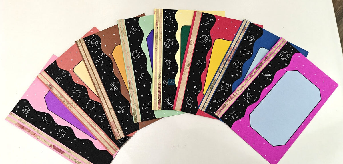 Project Banao Handmade Cosmic-Themed Scrapbook Papers – 10 Sheets Multicolour Designer Journal Paper with Black Galaxy Border & Abstract Patterns for Scrapbooking, DIY Crafts & Aesthetic Journals