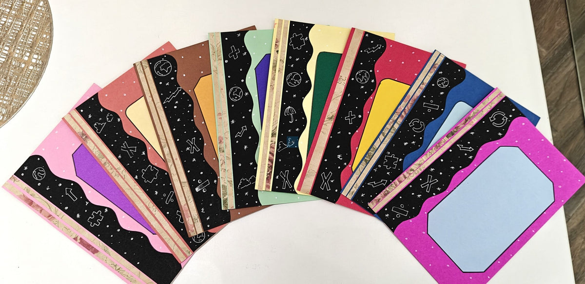 Project Banao Handmade Cosmic-Themed Scrapbook Papers – 10 Sheets Multicolour Designer Journal Paper with Black Galaxy Border & Abstract Patterns for Scrapbooking, DIY Crafts & Aesthetic Journals