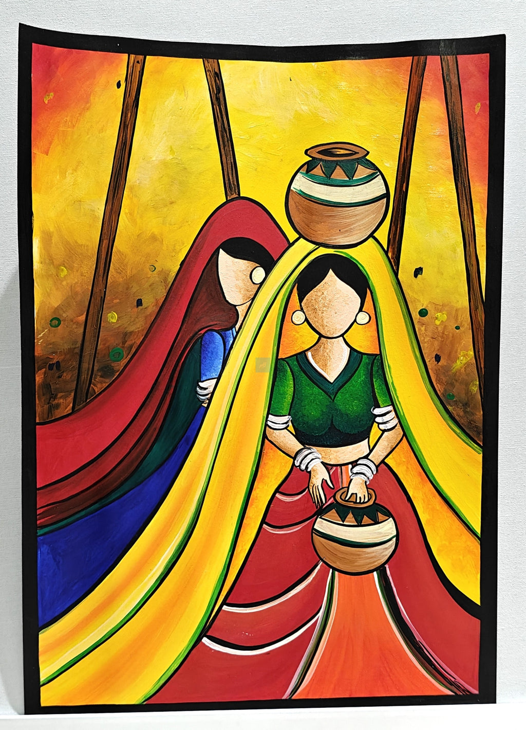 Project Banao Handmade Rajasthani Folk Art Painting of Indian Village Women with Pots | Student Project & Home Wall Décor | Traditional Indian Art | Acrylic on Paper | A3 Size | Made in India