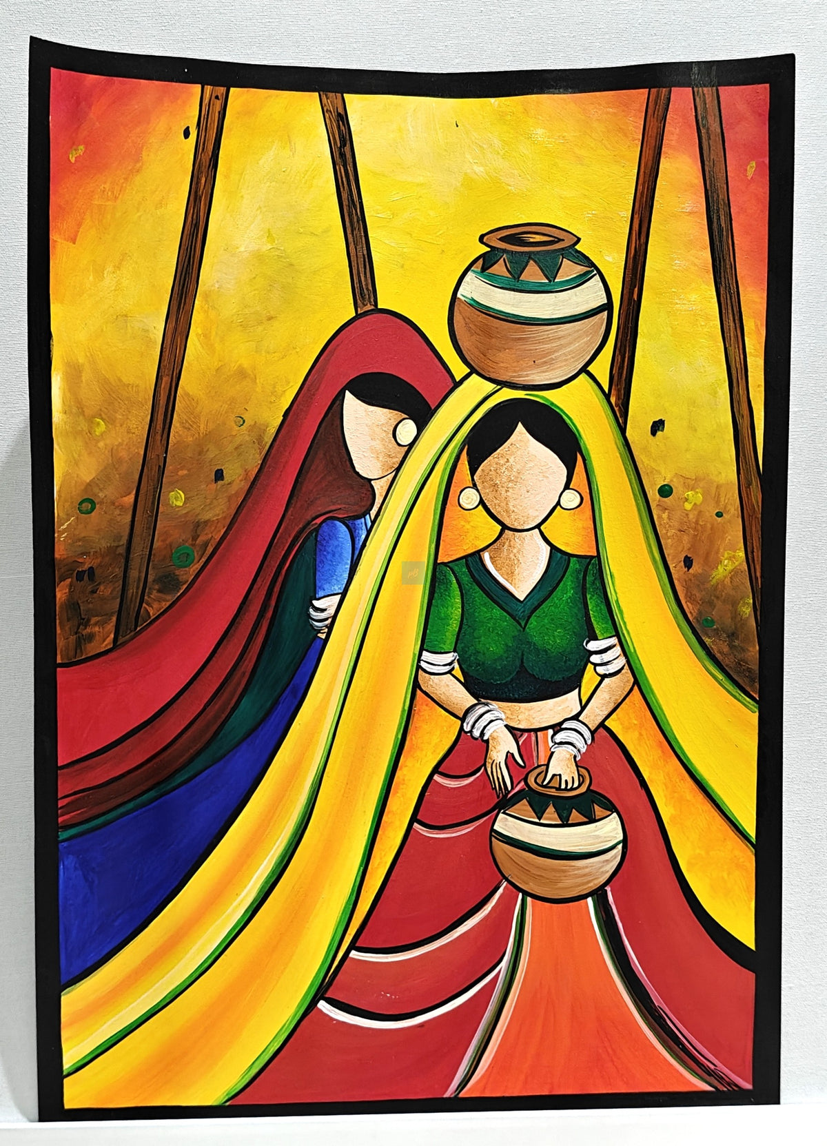 Project Banao Handmade Rajasthani Folk Art Painting of Indian Village Women with Pots | Student Project & Home Wall Décor | Traditional Indian Art | Acrylic on Paper | A3 Size | Made in India