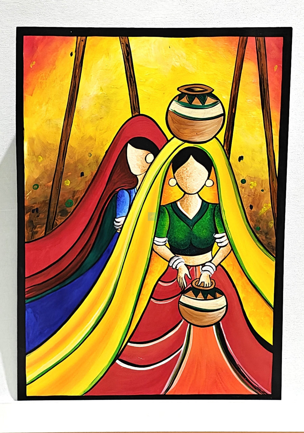Project Banao Handmade Rajasthani Folk Art Painting of Indian Village Women with Pots | Student Project & Home Wall Décor | Traditional Indian Art | Acrylic on Paper | A3 Size | Made in India