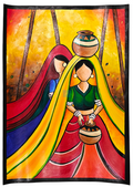 Project Banao Handmade Rajasthani Folk Art Painting of Indian Village Women with Pots | Student Project & Home Wall Décor | Traditional Indian Art | Acrylic on Paper | A3 Size | Made in India