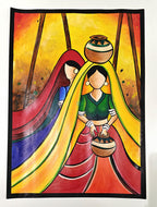 Project Banao Handmade Rajasthani Folk Art Painting of Indian Village Women with Pots | Student Project & Home Wall Décor | Traditional Indian Art | Acrylic on Paper | A3 Size | Made in India