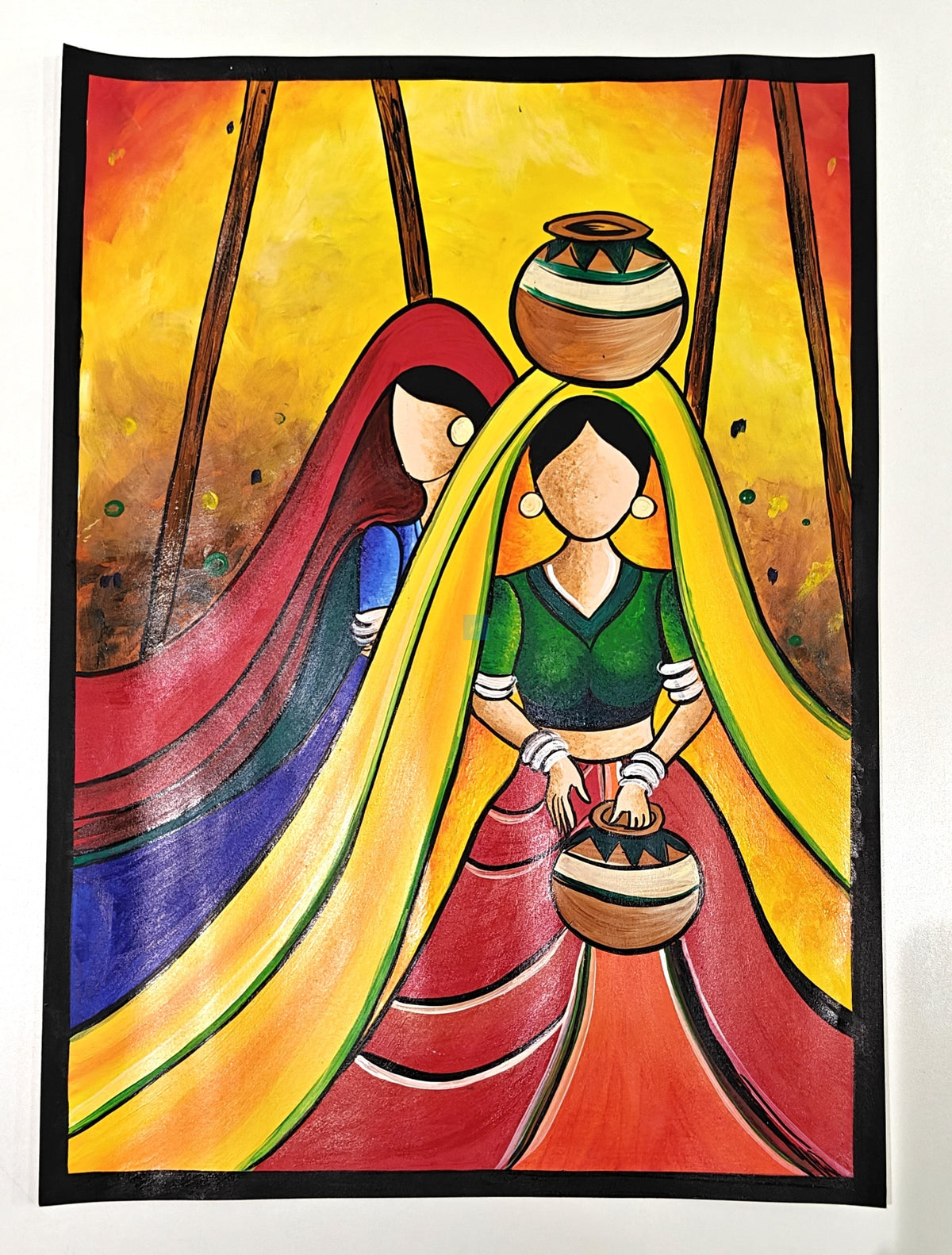 Project Banao Handmade Rajasthani Folk Art Painting of Indian Village Women with Pots | Student Project & Home Wall Décor | Traditional Indian Art | Acrylic on Paper | A3 Size | Made in India