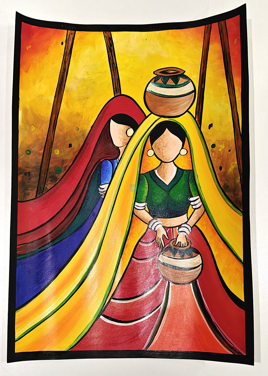 Project Banao Handmade Rajasthani Folk Art Painting of Indian Village Women with Pots | Student Project & Home Wall Décor | Traditional Indian Art | Acrylic on Paper | A3 Size | Made in India