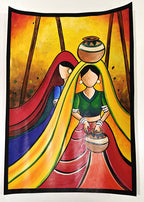 Project Banao Handmade Rajasthani Folk Art Painting of Indian Village Women with Pots | Student Project & Home Wall Décor | Traditional Indian Art | Acrylic on Paper | A3 Size | Made in India
