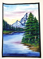 Project Banao Handmade Mountain Landscape Painting with Lake & Pine Trees | Nature Scenery Wall Art | Student Art Project & Home Wall Décor | Acrylic on Paper | A3 Size | Made in India