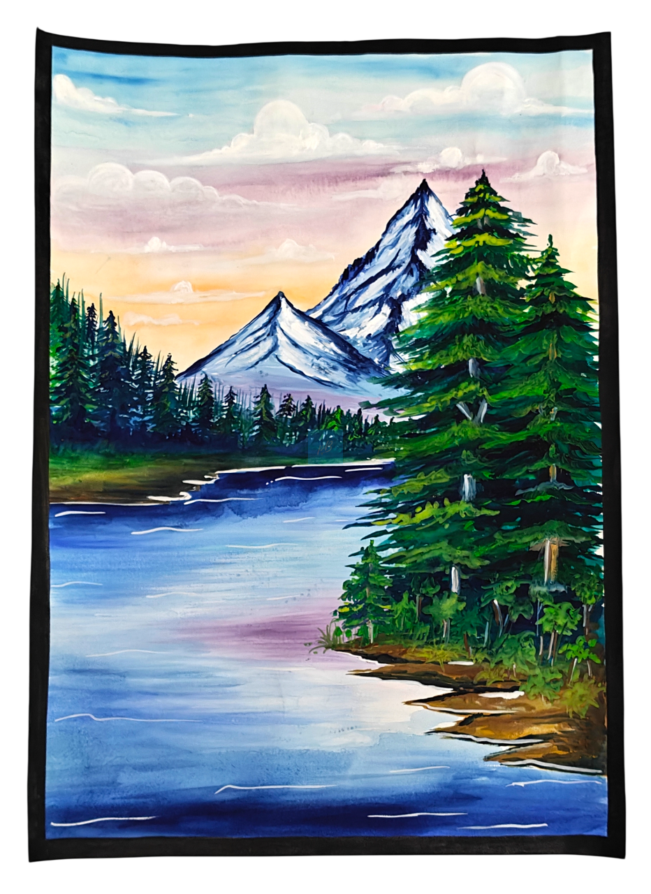 Project Banao Handmade Mountain Landscape Painting with Lake & Pine Trees | Nature Scenery Wall Art | Student Art Project & Home Wall Décor | Acrylic on Paper | A3 Size | Made in India