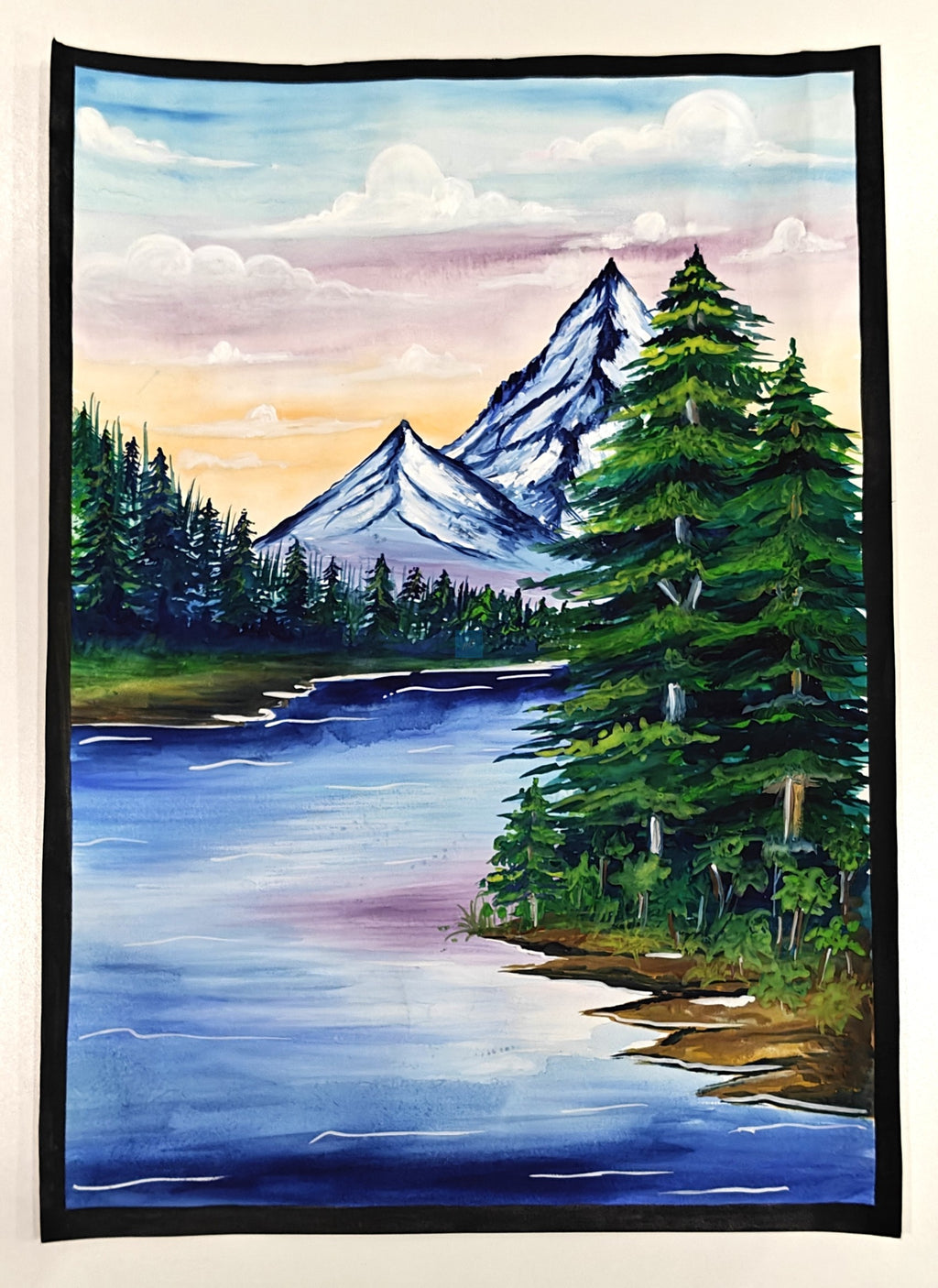 Project Banao Handmade Mountain Landscape Painting with Lake & Pine Trees | Nature Scenery Wall Art | Student Art Project & Home Wall Décor | Acrylic on Paper | A3 Size | Made in India