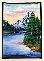 Project Banao Handmade Mountain Landscape Painting with Lake & Pine Trees | Nature Scenery Wall Art | Student Art Project & Home Wall Décor | Acrylic on Paper | A3 Size | Made in India