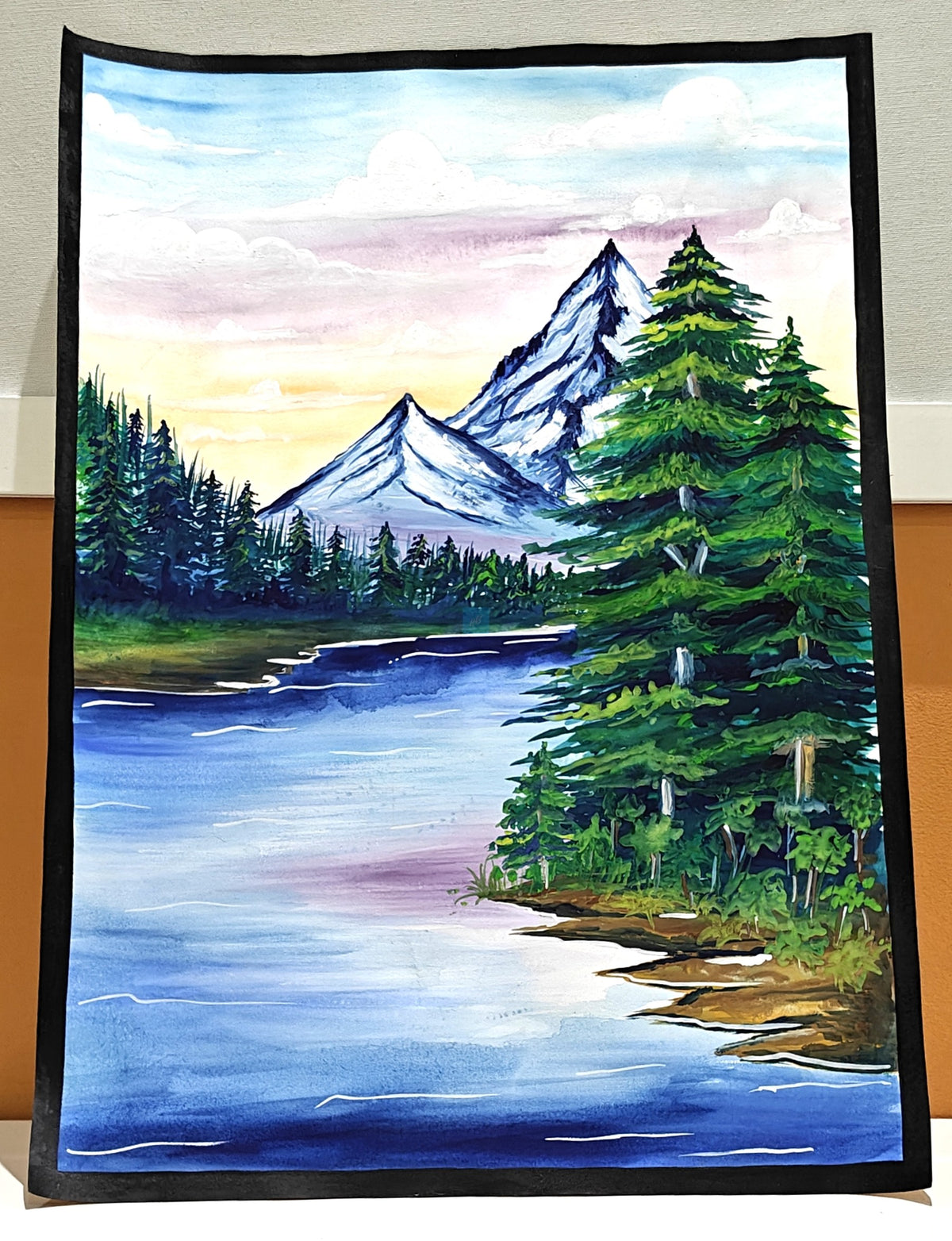 Project Banao Handmade Mountain Landscape Painting with Lake & Pine Trees | Nature Scenery Wall Art | Student Art Project & Home Wall Décor | Acrylic on Paper | A3 Size | Made in India