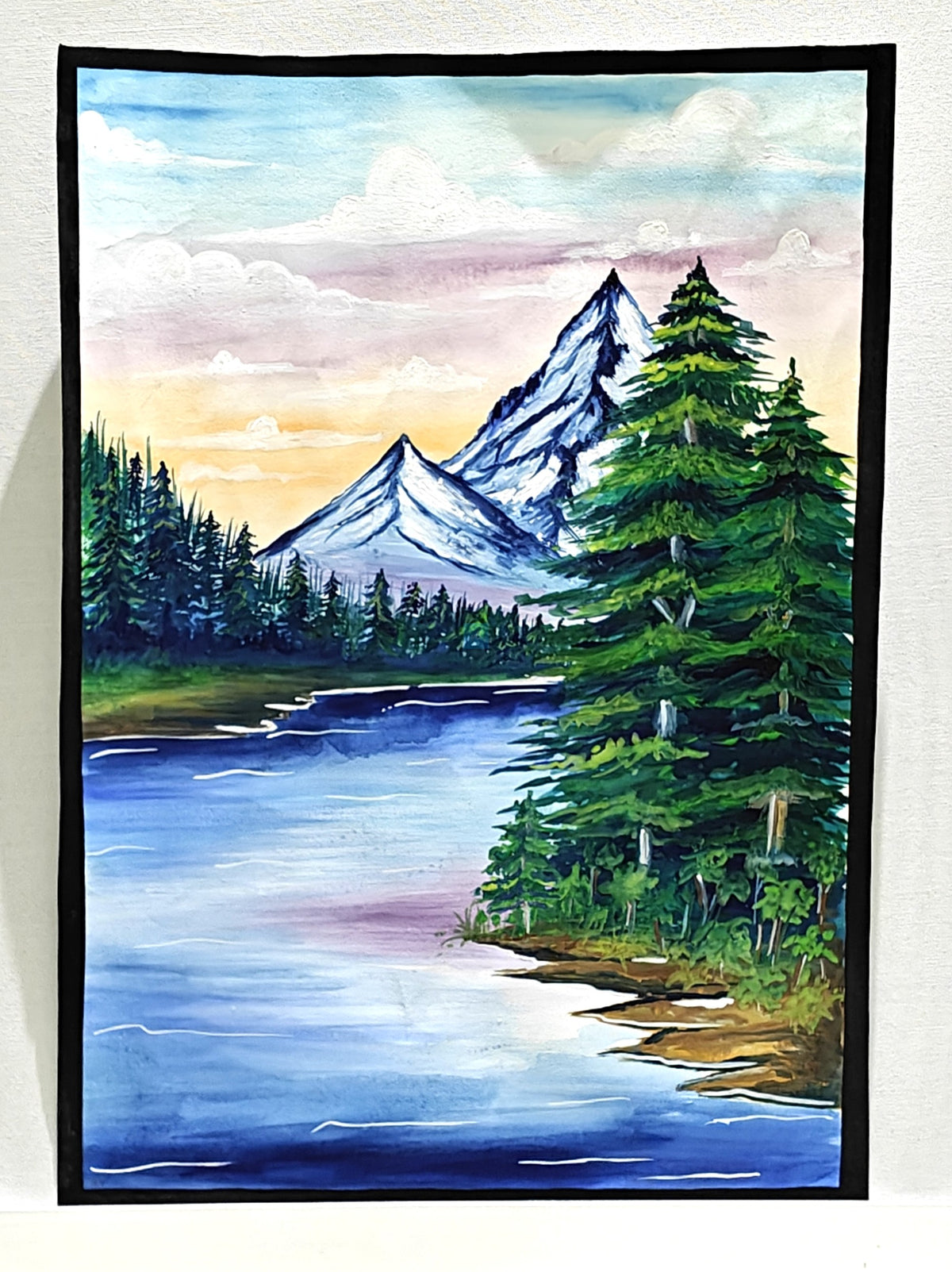Project Banao Handmade Mountain Landscape Painting with Lake & Pine Trees | Nature Scenery Wall Art | Student Art Project & Home Wall Décor | Acrylic on Paper | A3 Size | Made in India