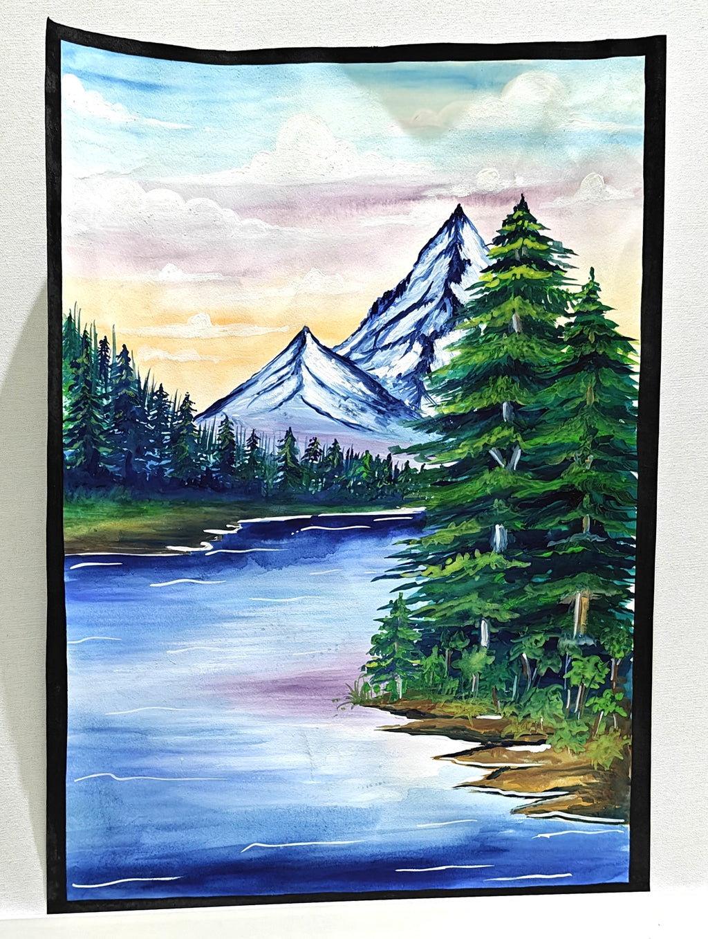 Project Banao Handmade Mountain Landscape Painting with Lake & Pine Trees | Nature Scenery Wall Art | Student Art Project & Home Wall Décor | Acrylic on Paper | A3 Size | Made in India