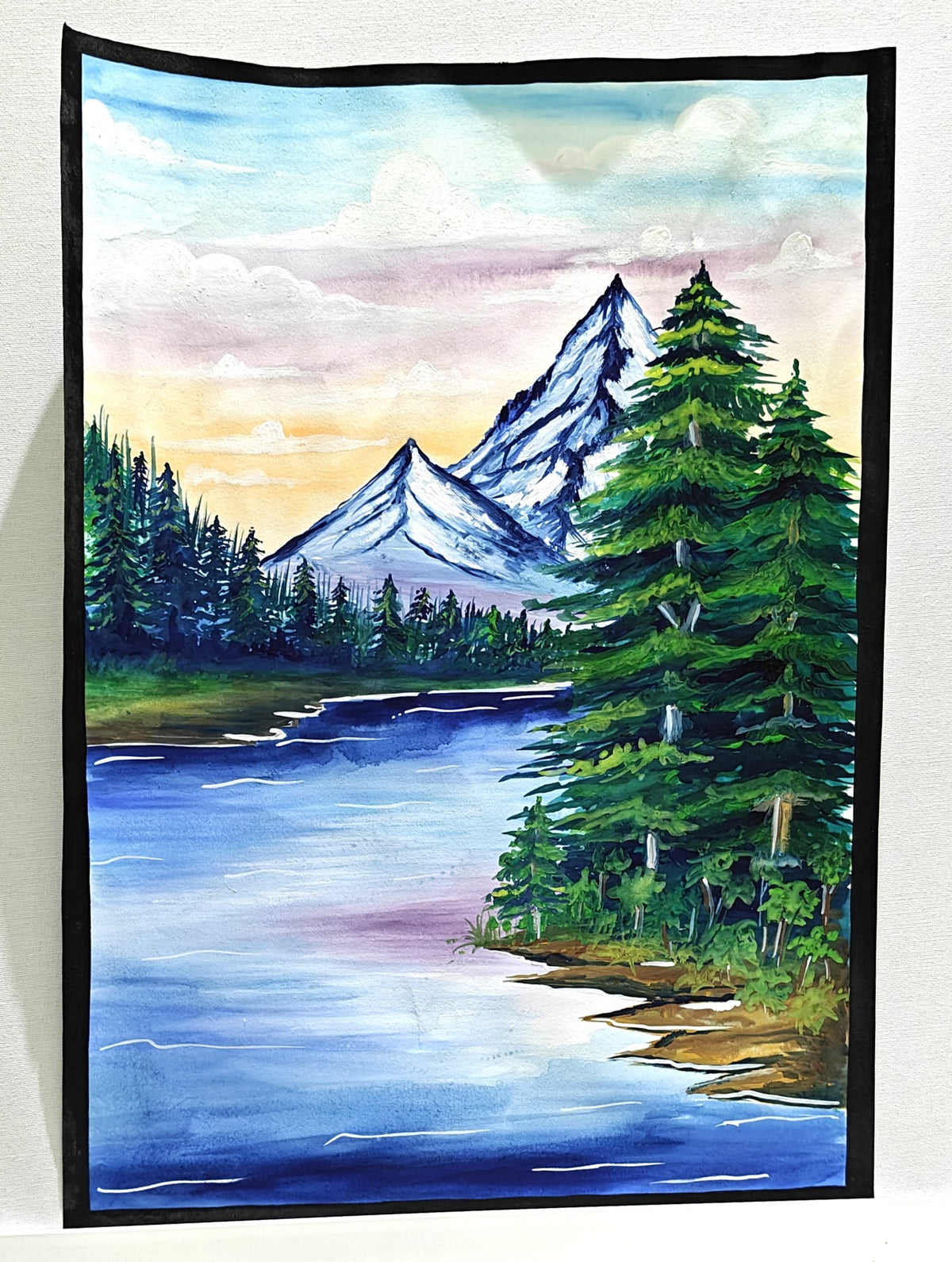 Project Banao Handmade Mountain Landscape Painting with Lake & Pine Trees | Nature Scenery Wall Art | Student Art Project & Home Wall Décor | Acrylic on Paper | A3 Size | Made in India