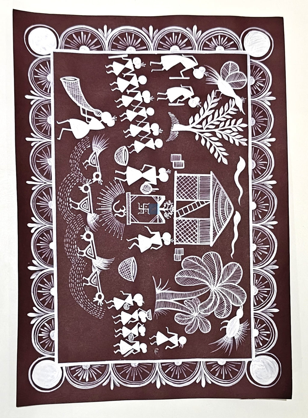 Handmade Warli Folk Art Painting of Tribal Village Life | Traditional Indian Tribal Art | Student Art Project & Home Wall Décor | Acrylic on Paper | A3 Size | Made in India