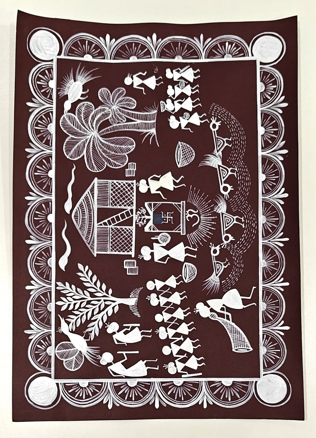 Handmade Warli Folk Art Painting of Tribal Village Life | Traditional Indian Tribal Art | Student Art Project & Home Wall Décor | Acrylic on Paper | A3 Size | Made in India