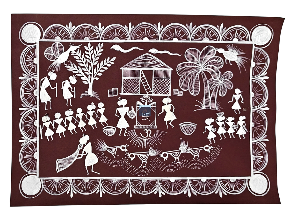 Handmade Warli Folk Art Painting of Tribal Village Life | Traditional Indian Tribal Art | Student Art Project & Home Wall Décor | Acrylic on Paper | A3 Size | Made in India