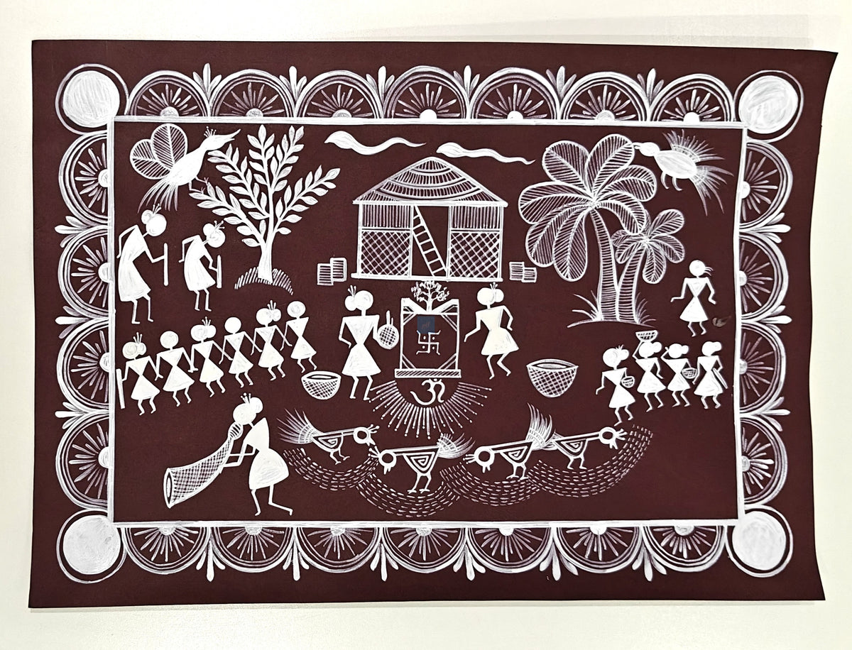 Handmade Warli Folk Art Painting of Tribal Village Life | Traditional Indian Tribal Art | Student Art Project & Home Wall Décor | Acrylic on Paper | A3 Size | Made in India