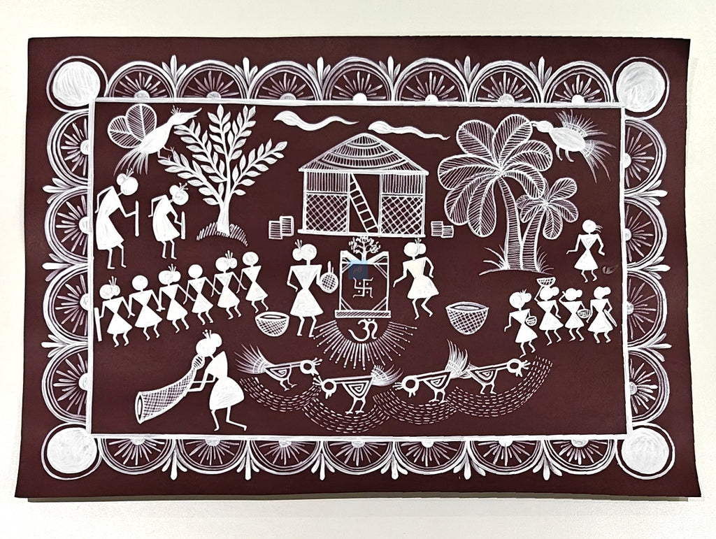Handmade Warli Folk Art Painting of Tribal Village Life | Traditional Indian Tribal Art | Student Art Project & Home Wall Décor | Acrylic on Paper | A3 Size | Made in India