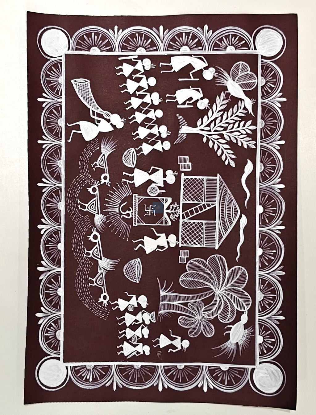 Handmade Warli Folk Art Painting of Tribal Village Life | Traditional Indian Tribal Art | Student Art Project & Home Wall Décor | Acrylic on Paper | A3 Size | Made in India