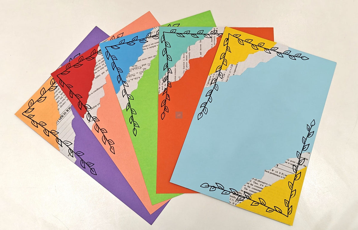 Project Banao Handmade Multicolour Designer Writing Sheets (10 pcs) | A4 Designer Paper with Leaf Border & Torn-Paper Pattern for Journaling, Scrapbooking, School Projects & DIY Crafts | Made in India