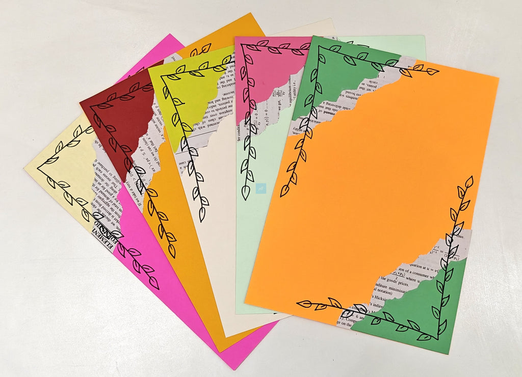 Project Banao Handmade Multicolour Designer Writing Sheets (10 pcs) | A4 Designer Paper with Leaf Border & Torn-Paper Pattern for Journaling, Scrapbooking, School Projects & DIY Crafts | Made in India