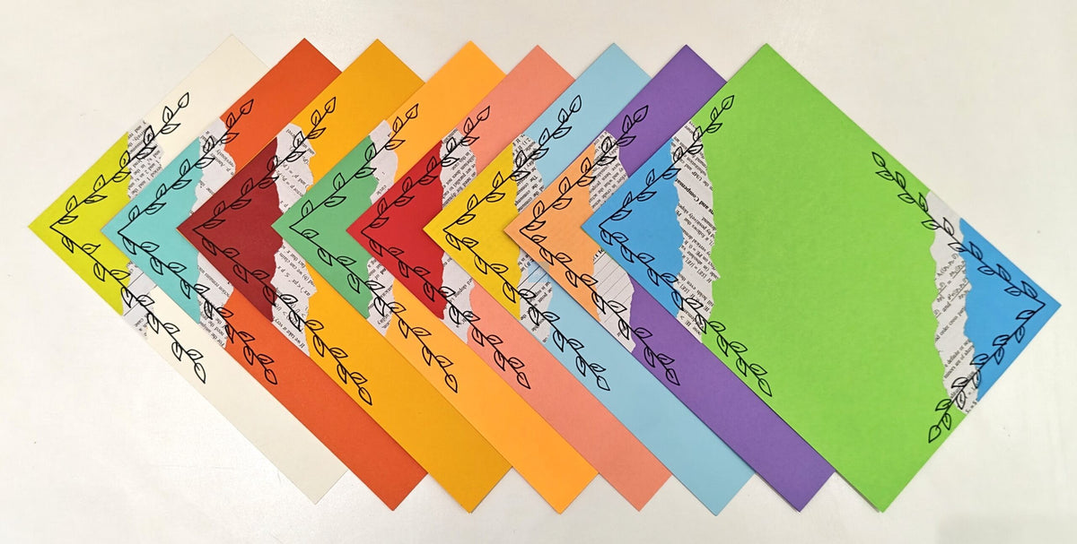 Project Banao Handmade Multicolour Designer Writing Sheets (10 pcs) | A4 Designer Paper with Leaf Border & Torn-Paper Pattern for Journaling, Scrapbooking, School Projects & DIY Crafts | Made in India