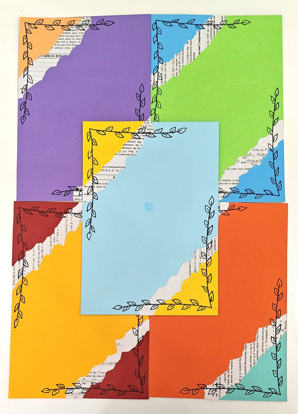 Project Banao Handmade Multicolour Designer Writing Sheets (10 pcs) | A4 Designer Paper with Leaf Border & Torn-Paper Pattern for Journaling, Scrapbooking, School Projects & DIY Crafts | Made in India