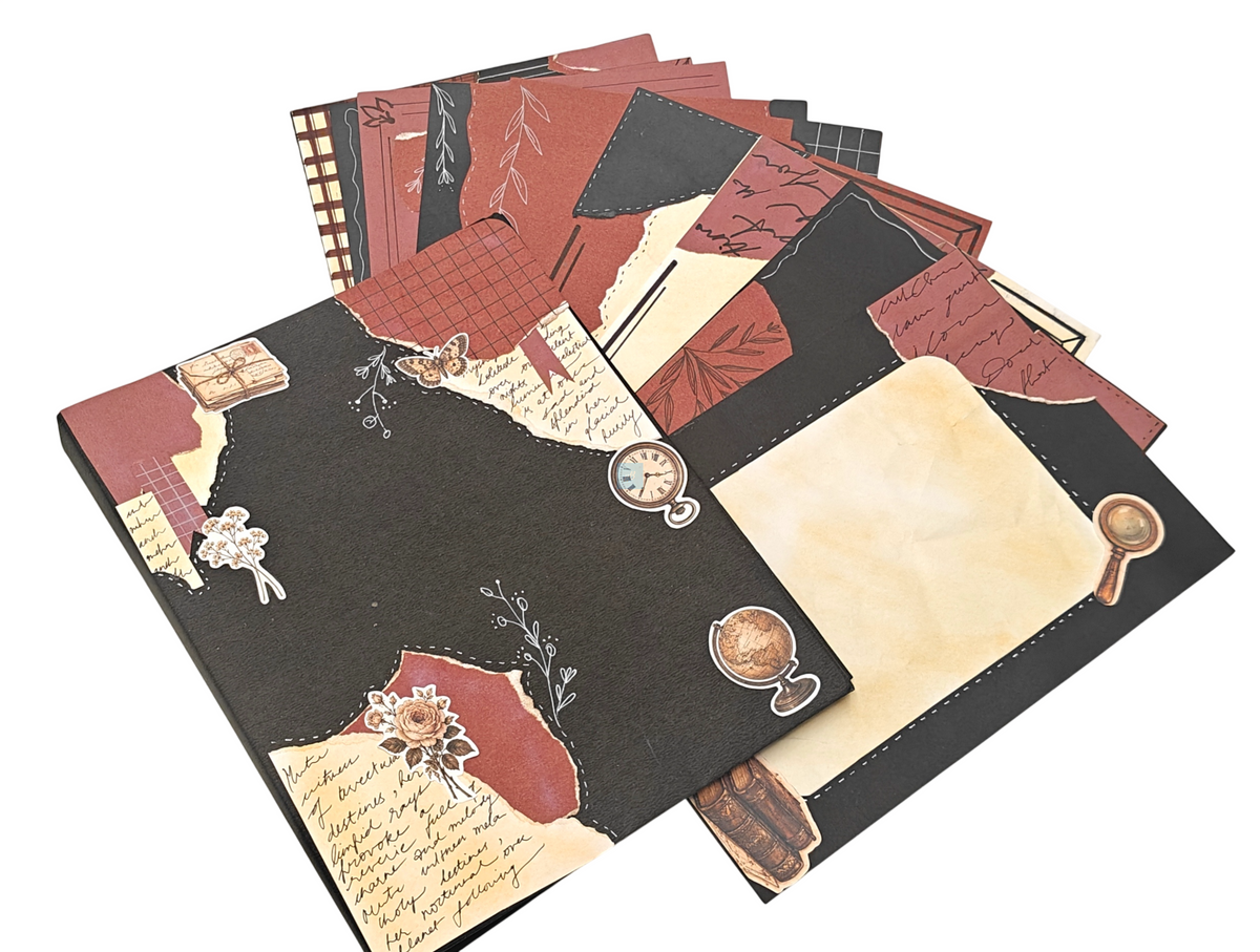 Project Banao A4 Handmade Project File & Sheets Combo – Burgundy, Black & Vintage Literary Theme | Ring Binder with 10 Designer Sheets | Retro Journal Style | Made in India