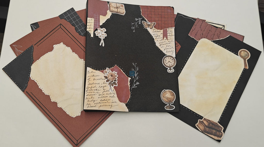 Project Banao A4 Handmade Project File & Sheets Combo – Burgundy, Black & Vintage Literary Theme | Ring Binder with 10 Designer Sheets | Retro Journal Style | Made in India