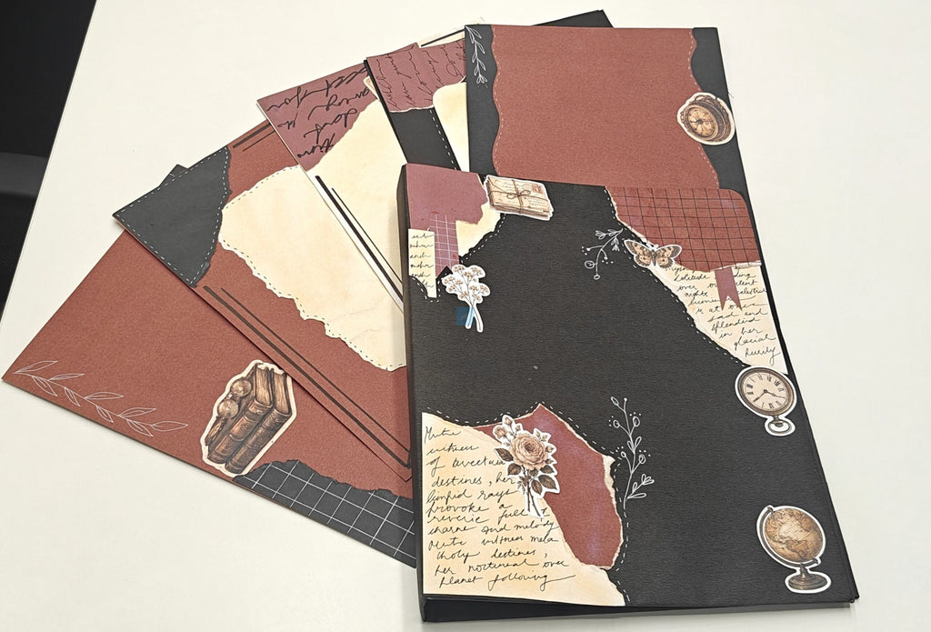 Project Banao A4 Handmade Project File & Sheets Combo – Burgundy, Black & Vintage Literary Theme | Ring Binder with 10 Designer Sheets | Retro Journal Style | Made in India